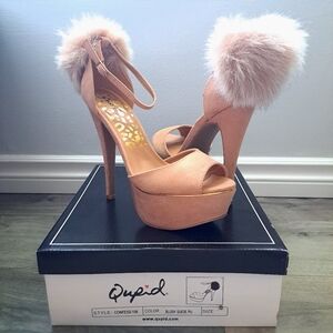 Qupid | Blush suede pu~ tan/Pinkish open toed heels with ankle strap and Pom Pom